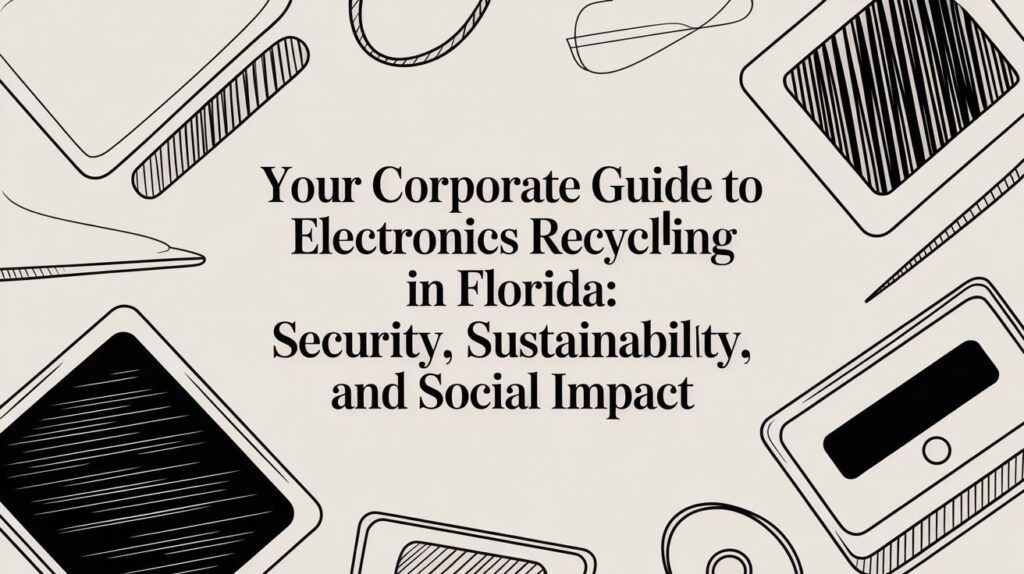 Illustrated electronic devices border the text "Your Corporate Guide to Electronics Recycling in Florida: Security, Sustainability, and Social Impact" on a light background.