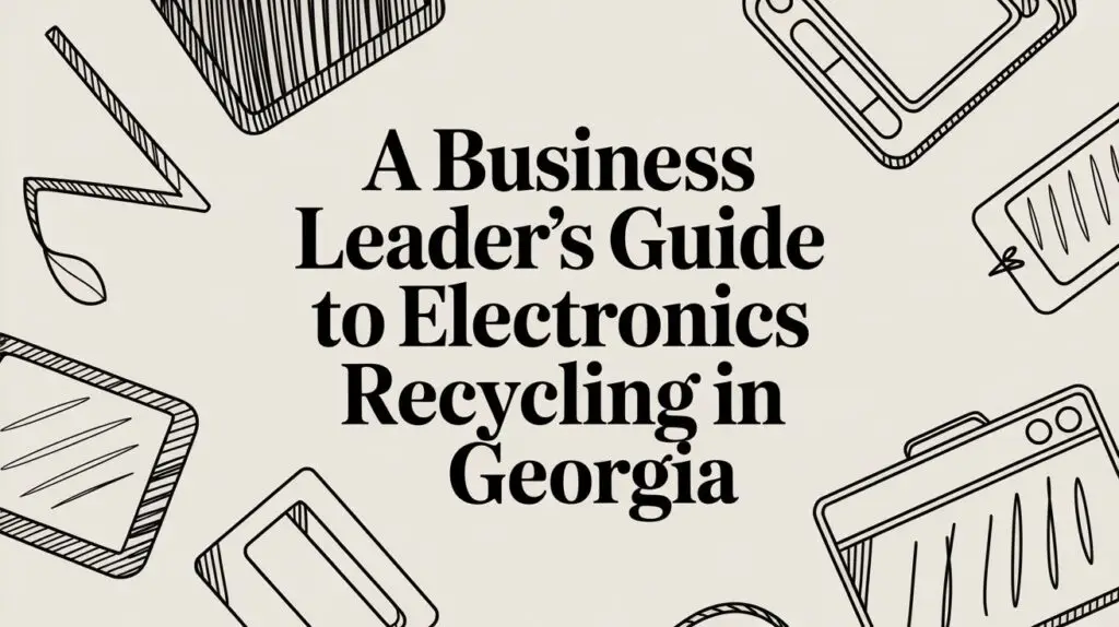 Black text reads “A Business Leader’s Guide to Electronics Recycling in Georgia,” surrounded by simple black line drawings of electronic devices on a light background.