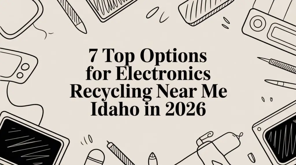 Text reads: “7 Top Options for Electronics Recycling Near Me Idaho in 2026” on a beige background with black line drawings of electronics and office supplies around the edges.