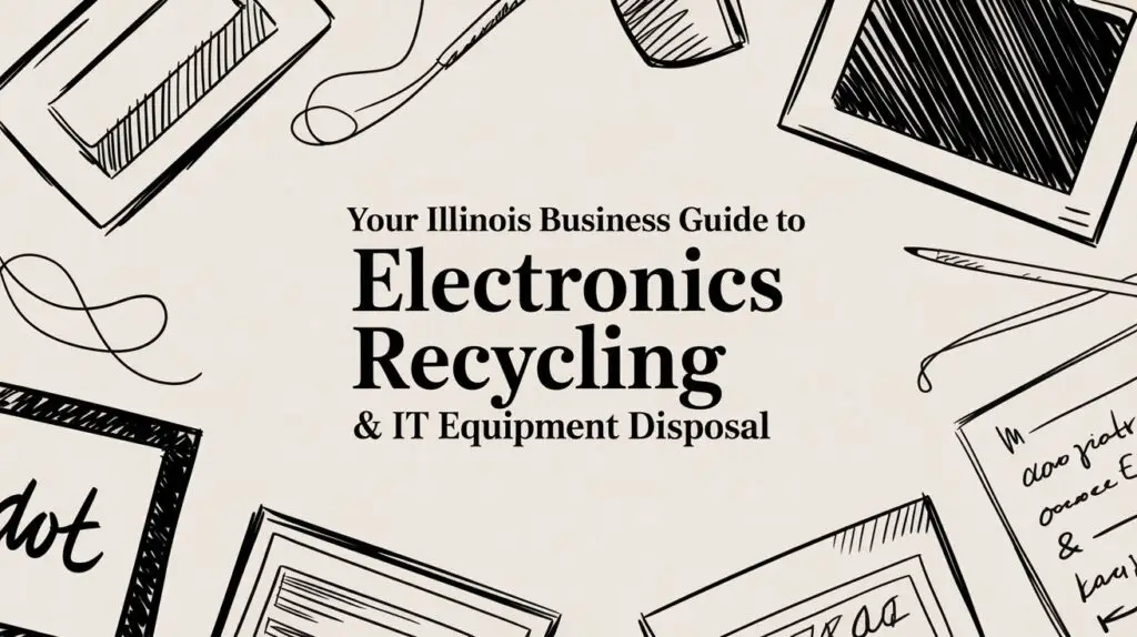 A graphic with sketched electronics and office items surrounding the text: “Your Illinois Business Guide to Electronics Recycling & IT Equipment Disposal.” The background is light beige with black hand-drawn accents.