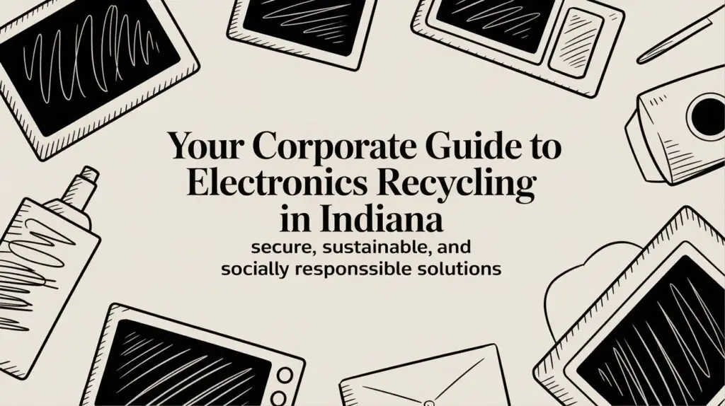 Hand-drawn illustration of various electronic devices surrounding the text, "Your Corporate Guide to Electronics Recycling in Indiana: secure, sustainable, and socially responsible solutions.