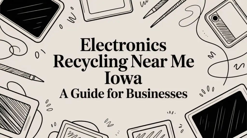 Illustrated banner with the text "Electronics Recycling Near Me Iowa: A Guide for Businesses" surrounded by drawings of electronics, pencils, and cords on a light background.