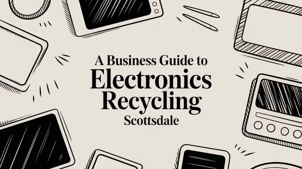 Text in the center reads “A Business Guide to Electronics Recycling Scottsdale” surrounded by illustrated outlines of electronic devices like tablets and laptops on a light beige background.