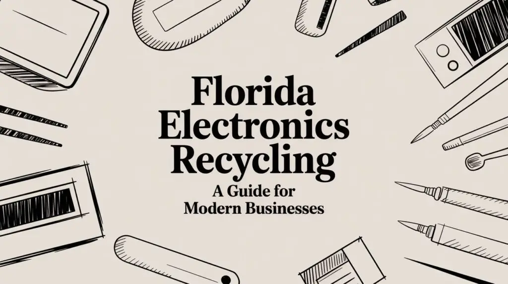 Text reads 'Florida Electronics Recycling: A Guide for Modern Businesses' surrounded by sketched illustrations of electronic devices and tools on a beige background.