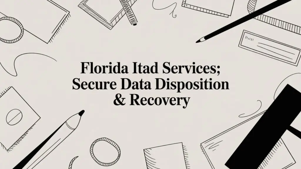 The text "Florida Itad Services; Secure Data Disposition & Recovery" is centered on a beige background with illustrated office supplies like pens, paper, and envelopes surrounding it.
