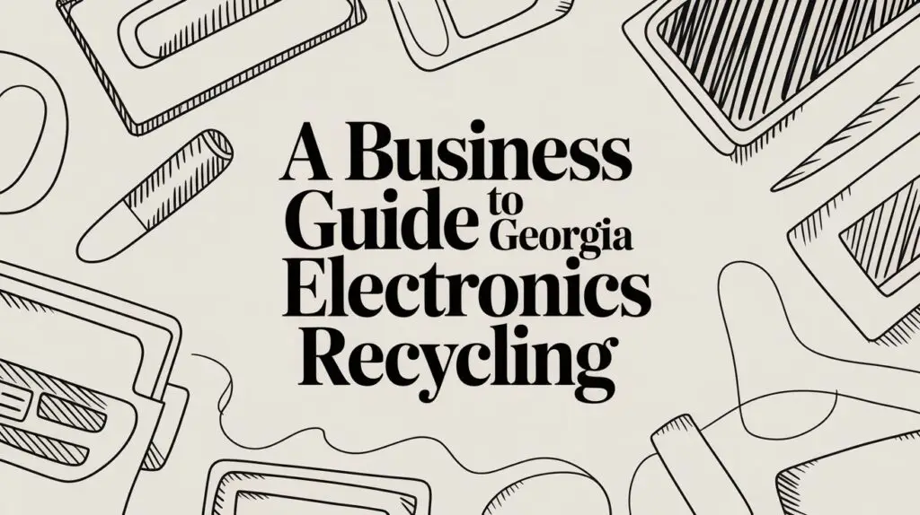 Text reads "A Business Guide to Georgia Electronics Recycling" in bold black font, surrounded by hand-drawn outlines of various electronic devices on a light background.