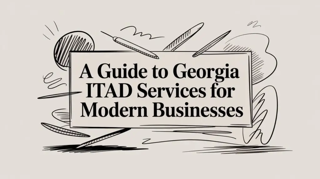 A black and white illustrated sign reads, "A Guide to Georgia ITAD Services for Modern Businesses," surrounded by abstract lines and pen sketches on a neutral background.