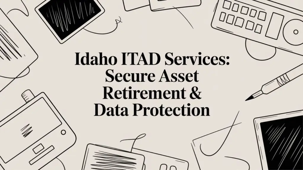 Text reads "Idaho ITAD Services: Secure Asset Retirement & Data Protection" surrounded by sketches of electronic devices and office items on a beige background.