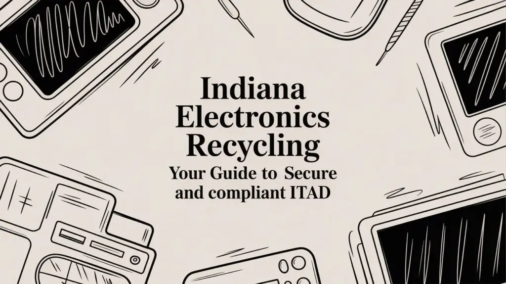 Illustration with various electronic devices framing the text "Indiana Electronics Recycling: Your Guide to Secure and compliant ITAD" on a beige background.