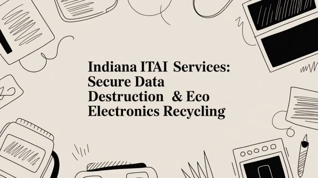 Indiana ITAI Services: Secure Data Destruction & Eco Electronics Recycling displayed in bold text, surrounded by black line art illustrations of electronics and documents on a light background.