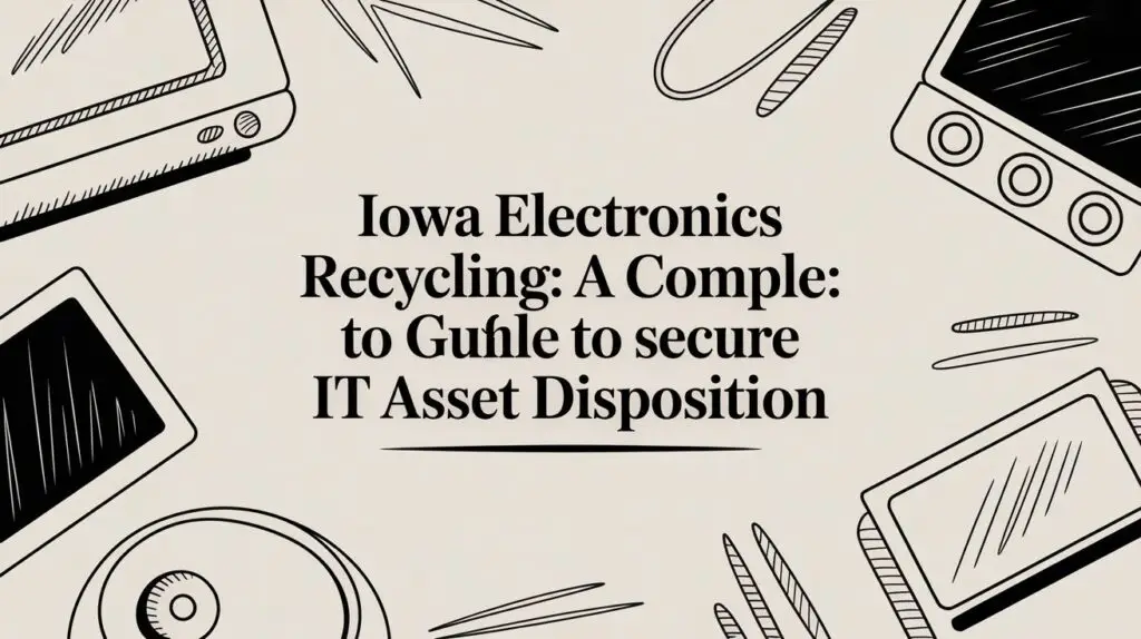 Illustrated electronic devices surround the text “Iowa Electronics Recycling: A Comple: to Guíle to secure IT Asset Disposition” on a beige background.