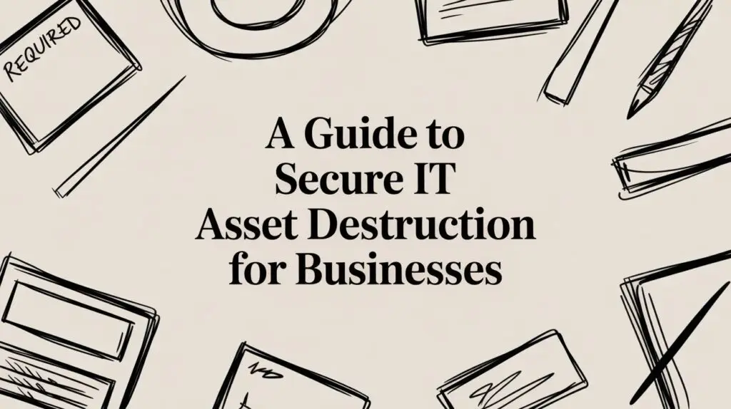A beige background with black outlined drawings of office supplies surrounds the text: “A Guide to Secure IT Asset Destruction for Businesses.”.