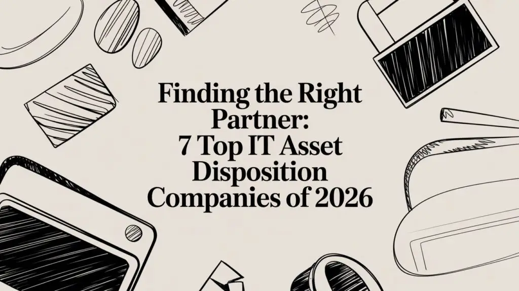 Black text reads “Finding the Right Partner: 7 Top IT Asset Disposition Companies of 2026” over a beige background with black outline drawings of various electronic devices and accessories in the corners.