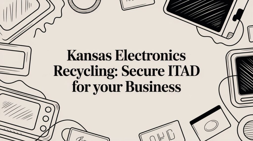 Beige background with black line drawings of various electronic devices like laptops and phones surrounding the text: "Kansas Electronics Recycling: Secure ITAD for your Business.
