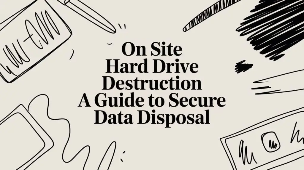 Text reads "On Site Hard Drive Destruction: A Guide to Secure Data Disposal" centered on a light background, surrounded by black sketch-style illustrations of electronics and office items.