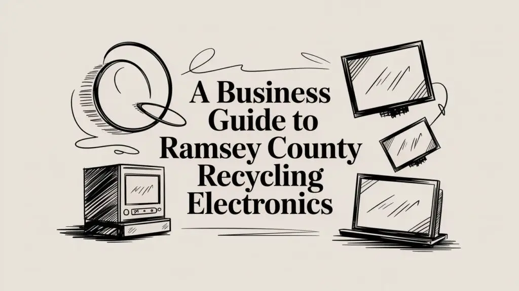 Illustrated banner showing computer monitors, a printer, and swirling lines next to the text: "A Business Guide to Ramsey County Recycling Electronics.