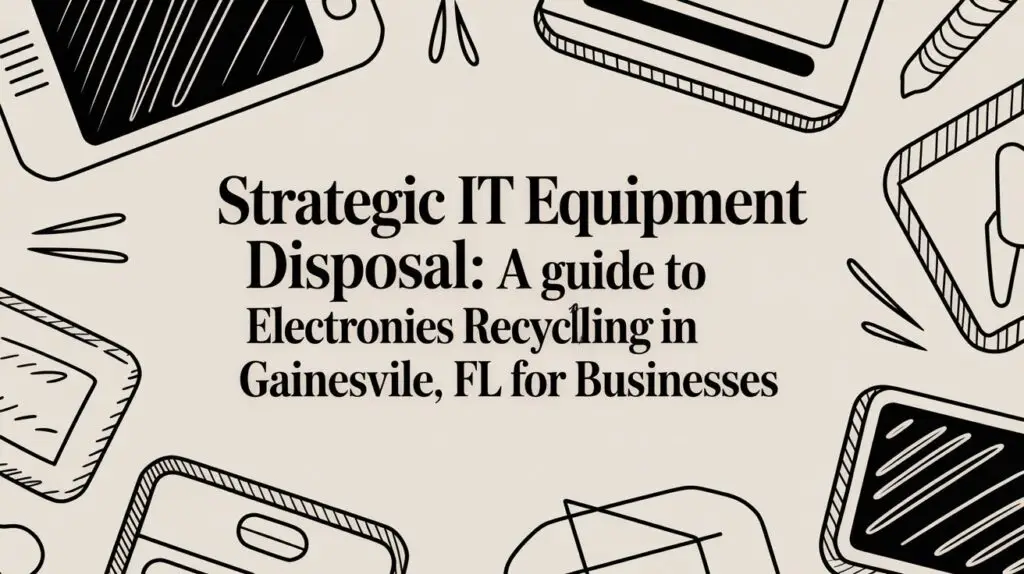 Text reads "Strategic IT Equipment Disposal: A guide to Electronics Recycling in Gainesville, FL for Businesses" on a background with illustrated electronic devices.