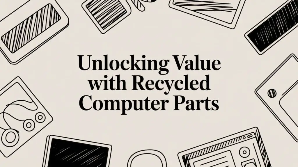 Illustrated computer parts surround the text "Unlocking Value with Recycled Computer Parts" on a beige background.