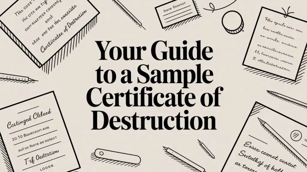 Hand-drawn documents and pens border the bold text “Your Guide to a Sample Certificate of Destruction” centered on a beige background, suggesting an instructional or informational graphic about document disposal.