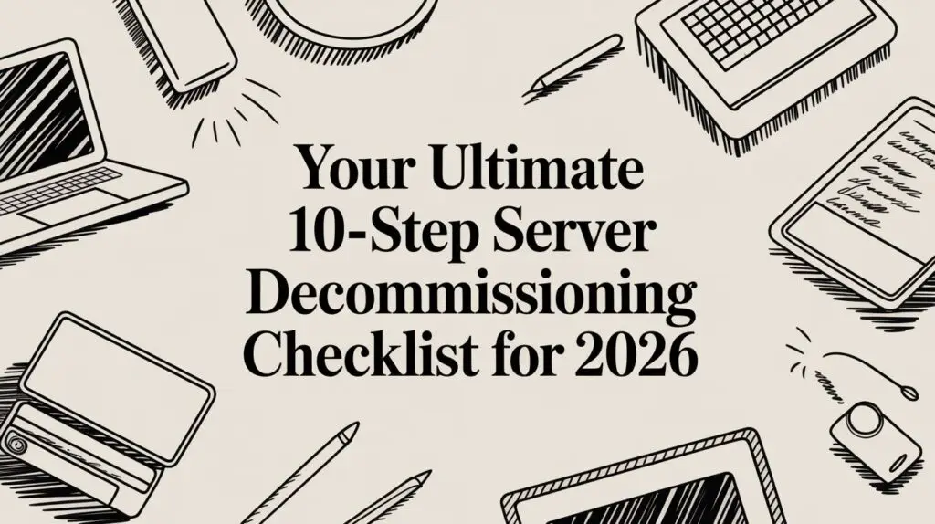 Illustrated tech devices surround bold text that reads, "Your Ultimate 10-Step Server Decommissioning Checklist for 2026.