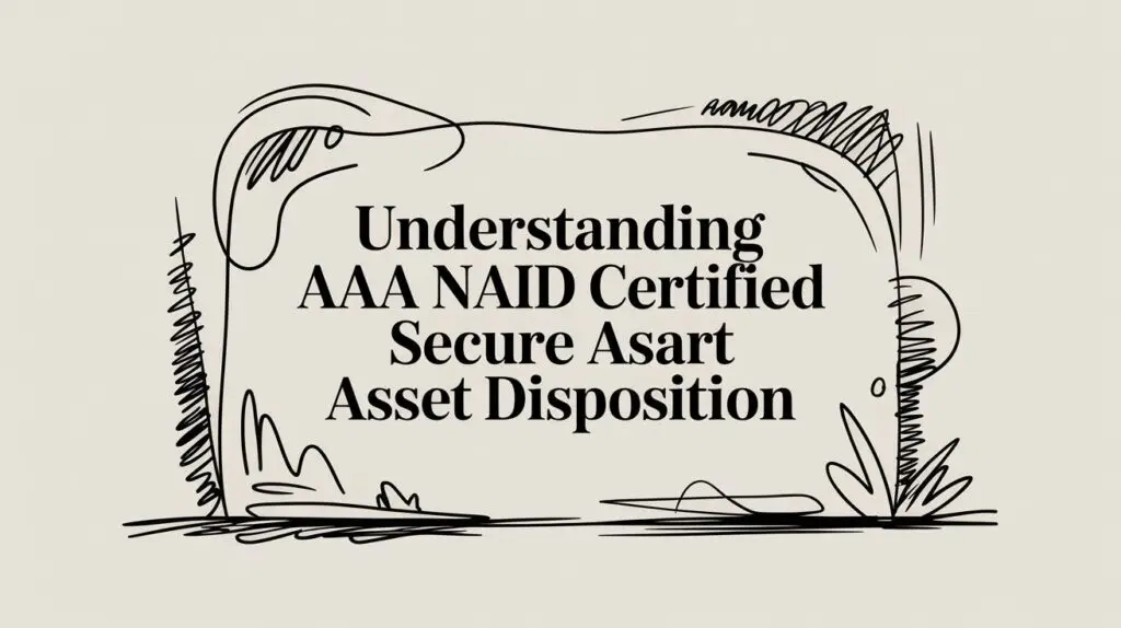 Text on a stylized, doodle-bordered stone reads: "Understanding AAA NAID Certified Secure Asset Disposition." The background is light beige with abstract black sketch lines around the stone shape.