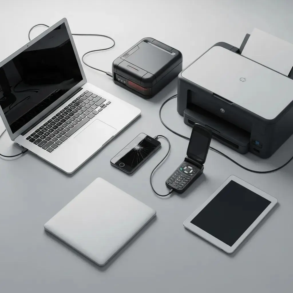 Assorted electronics including laptops, smartphones, and printers accepted for recycling in Atlanta