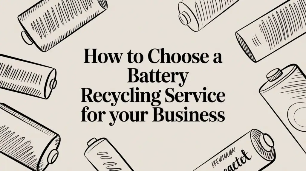 Text reads: "How to Choose a Battery Recycling Service for your Business" with illustrations of batteries surrounding the text on a light background.
