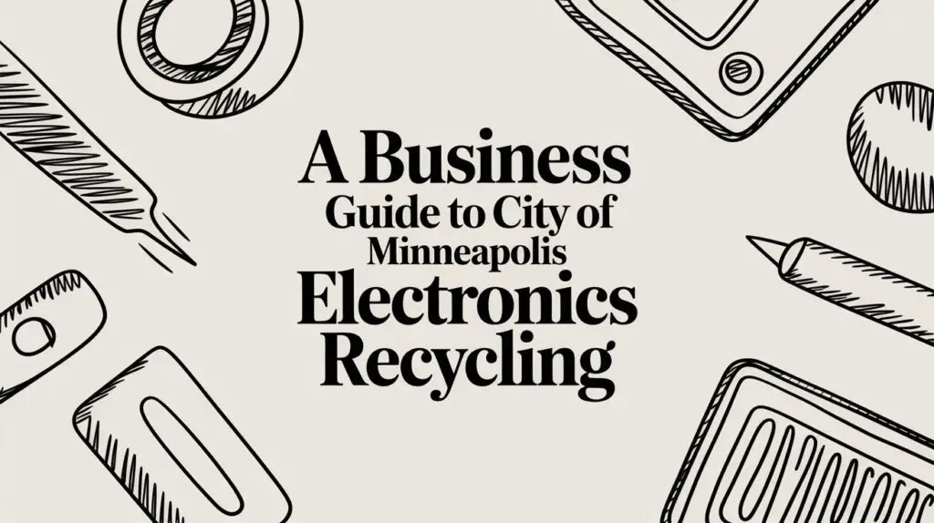 Black line drawings of electronic devices, including a phone, USB drive, battery, and tablet, surround bold text that reads: "A Business Guide to City of Minneapolis Electronics Recycling.