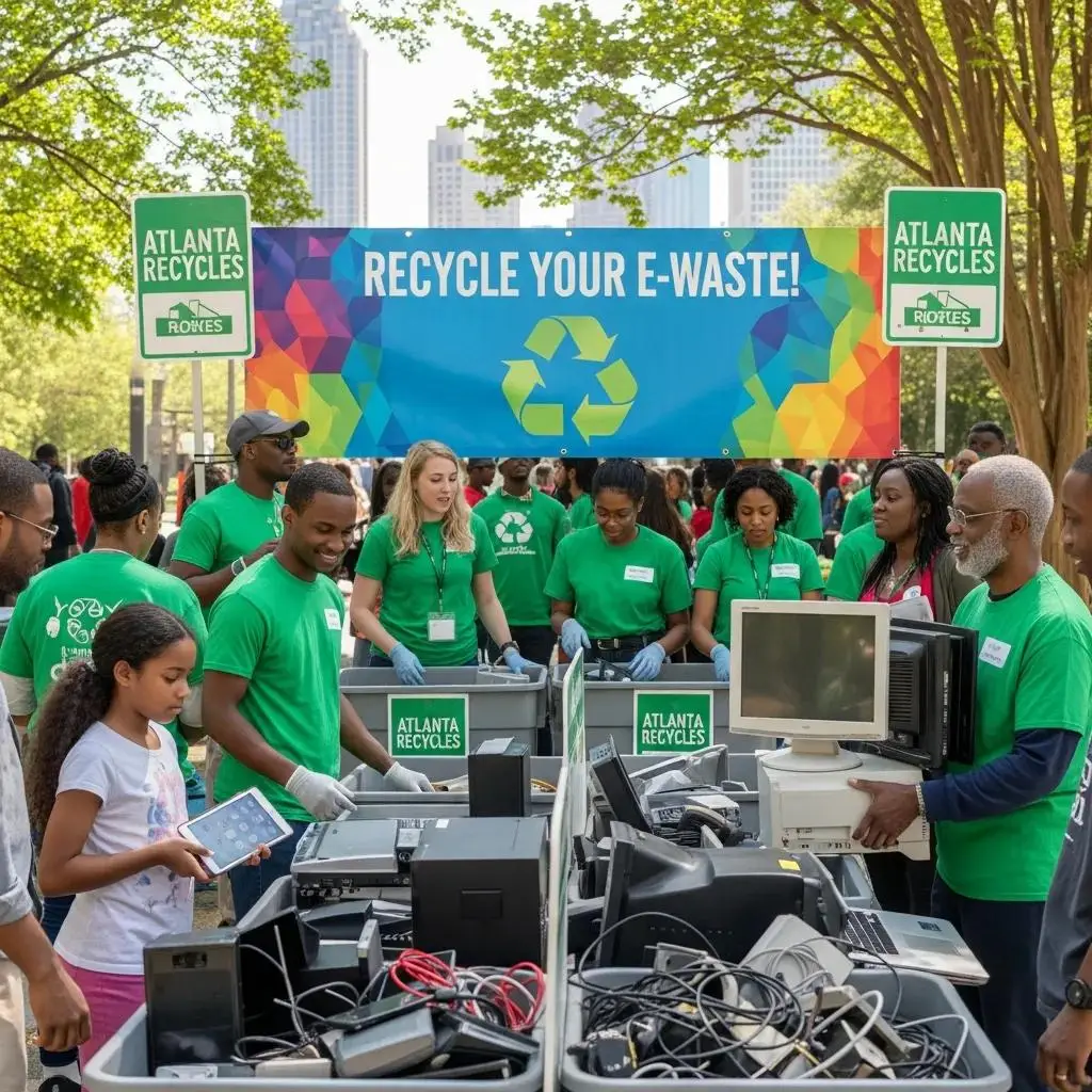 Community members participating in an electronics recycling event in Atlanta, showcasing responsible e-waste disposal
