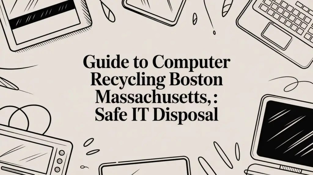 Guide to Computer Recycling Boston Massachusetts, : Safe IT Disposal" text on a beige background with black line drawings of laptops, tablets, and computer monitors framing the image.