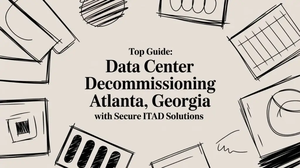 Text reads “Top Guide: Data Center Decommissioning Atlanta, Georgia with Secure ITAD Solutions” on a beige background with hand-drawn black abstract shapes around the border.