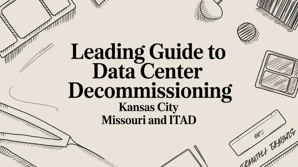 Leading guide to data center decommissioning in Kansas City, Missouri, featuring IT asset disposition (ITAD) elements and electronic equipment illustrations.