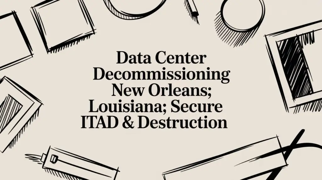 Black text in the center reads, "Data Center Decommissioning New Orleans; Louisiana; Secure ITAD & Destruction," surrounded by hand-drawn sketches of office supplies on a beige background.