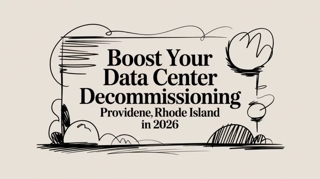 Text reads &ldquo;Boost Your Data Center Decommissioning, Providence, Rhode Island in 2026&rdquo; with a hand-drawn black border and abstract trees and clouds on a beige background.