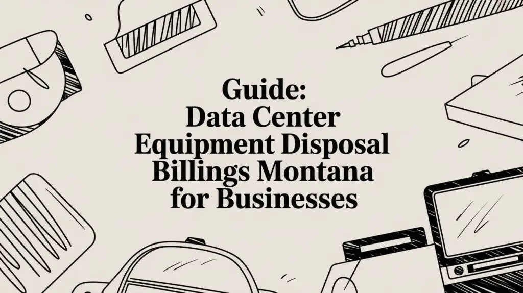 Guide to data center equipment disposal in Billings, Montana, featuring various electronic devices and office supplies.
