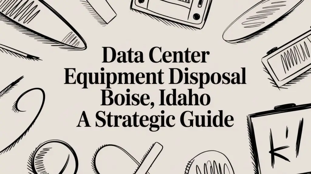 Decorative illustration with electronics and office equipment sketched around bold text: &ldquo;Data Center Equipment Disposal Boise, Idaho A Strategic Guide&rdquo; on a light background.