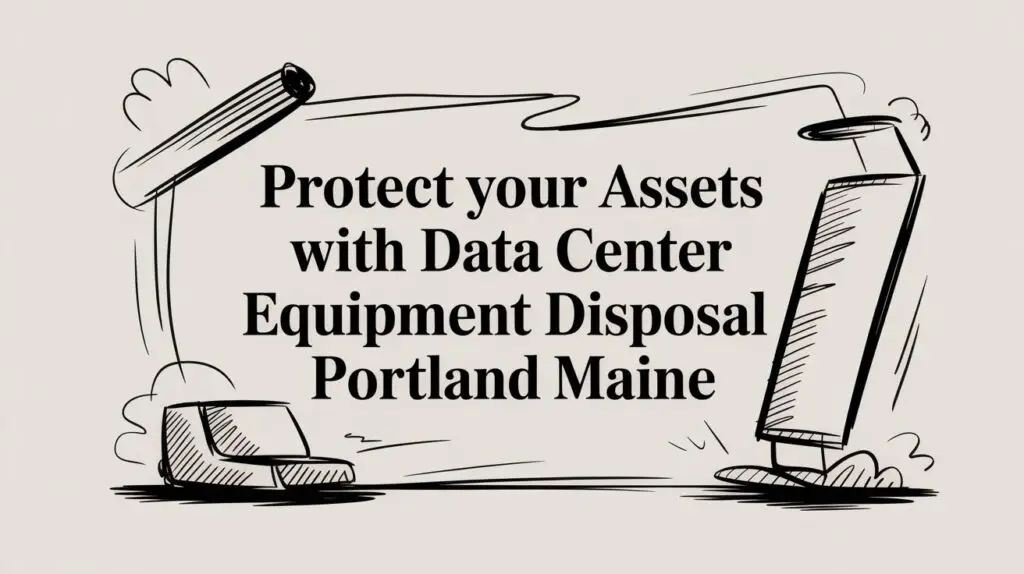 Black and white sketch with text: &ldquo;Protect your Assets with Data Center Equipment Disposal Portland Maine,&rdquo; surrounded by stylized drawings of a computer monitor, keyboard, and other tech equipment.