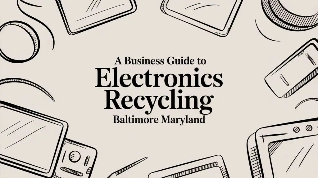 Illustrated electronics including phones, tablets, and monitors surround the text &ldquo;A Business Guide to Electronics Recycling Baltimore Maryland&rdquo; on a light background.