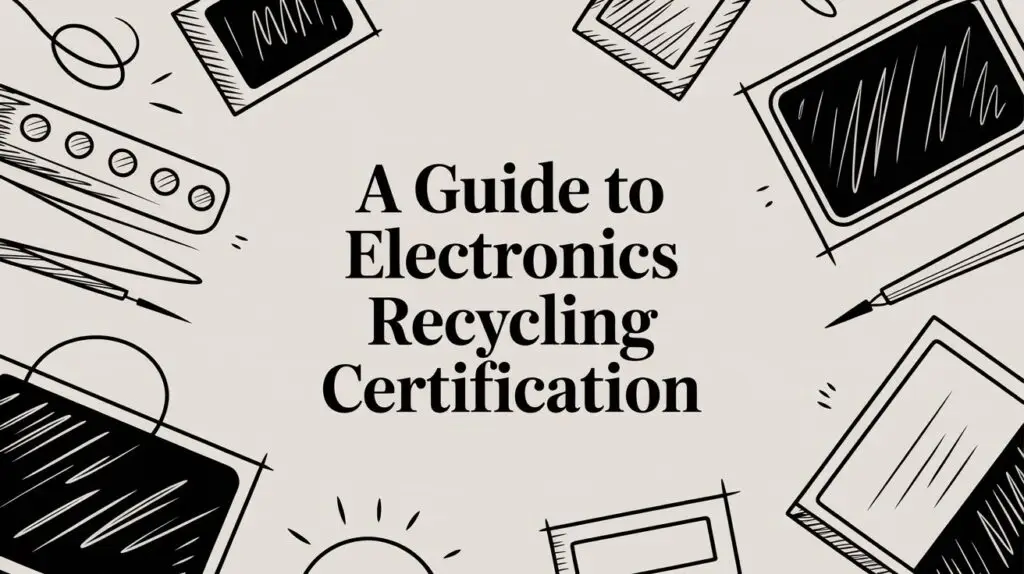 Text reads &ldquo;A Guide to Electronics Recycling Certification&rdquo; surrounded by sketched images of various electronic devices, such as tablets, smartphones, and a keyboard, on a light background.