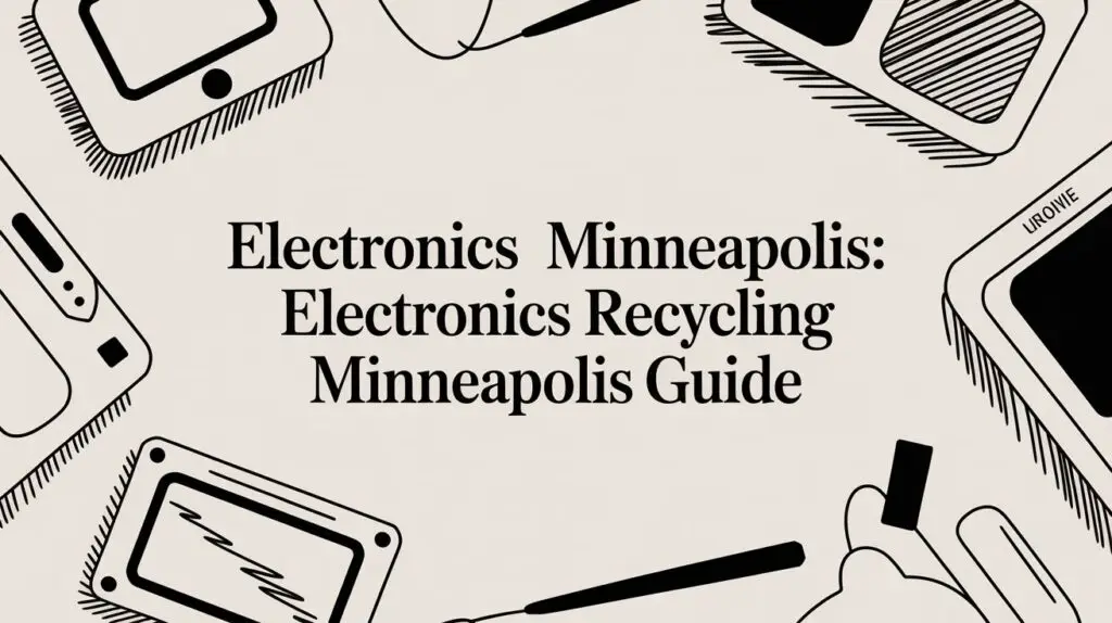 Illustration of various electronics surrounding text that reads, "Electronics Minneapolis: Electronics Recycling Minneapolis Guide.