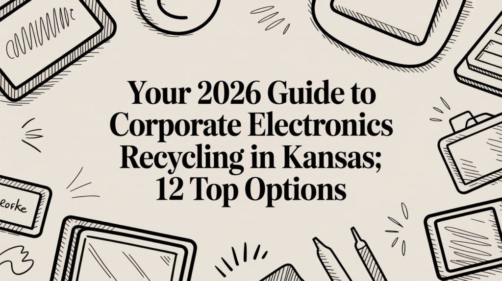 Text reads: "Your 2026 Guide to Corporate Electronics Recycling in Kansas; 12 Top Options." Background features hand-drawn illustrations of electronic devices like a laptop, mouse, and phone.