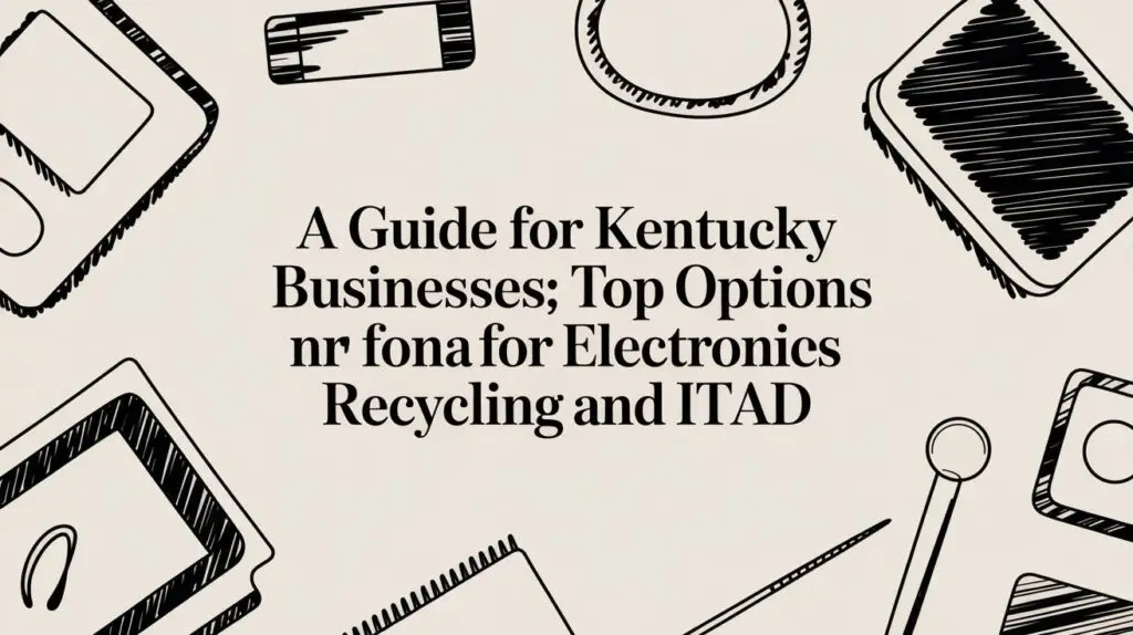 Illustrated background with various outlined electronics and office items, overlaid with the title “A Guide for Kentucky Businesses; Top Options nr fona for Electronics Recycling and ITAD.”.