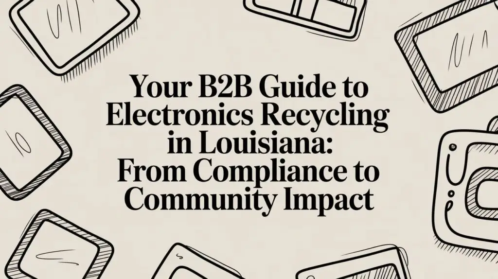Text reads: "Your B2B Guide to Electronics Recycling in Louisiana: From Compliance to Community Impact." Illustrated outlines of electronic devices decorate the border.
