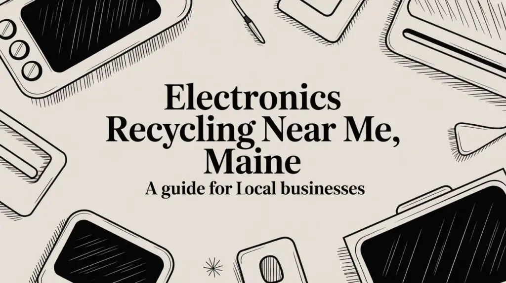 Flat lay illustration of electronic devices with the text "Electronics Recycling Near Me, Maine - A guide for Local businesses" in the center.