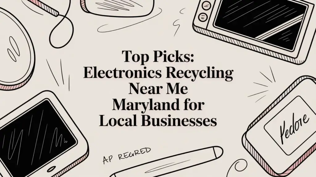 Illustration of various electronic devices with the text "Top Picks: Electronics Recycling Near Me Maryland for Local Businesses" in the center.