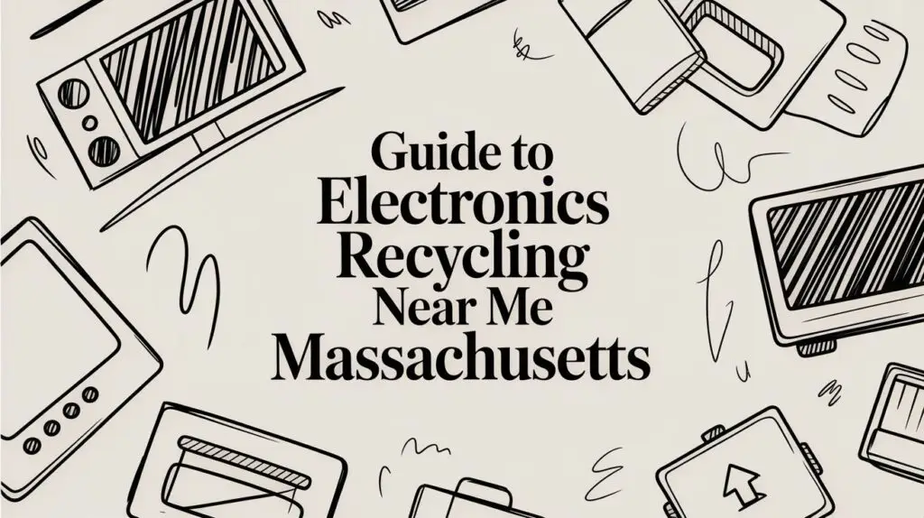 Text reading "Guide to Electronics Recycling Near Me Massachusetts" is centered on a beige background, surrounded by illustrated electronics like a monitor, tablet, keyboard, and laptop in black line art.