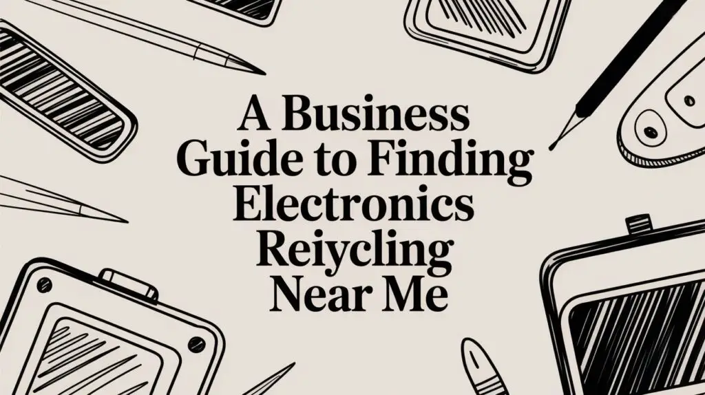 Text that reads, "A Business Guide to Finding Electronics Recycling Near Me," surrounded by illustrated electronics like a phone, tablet, and pens on a beige background.