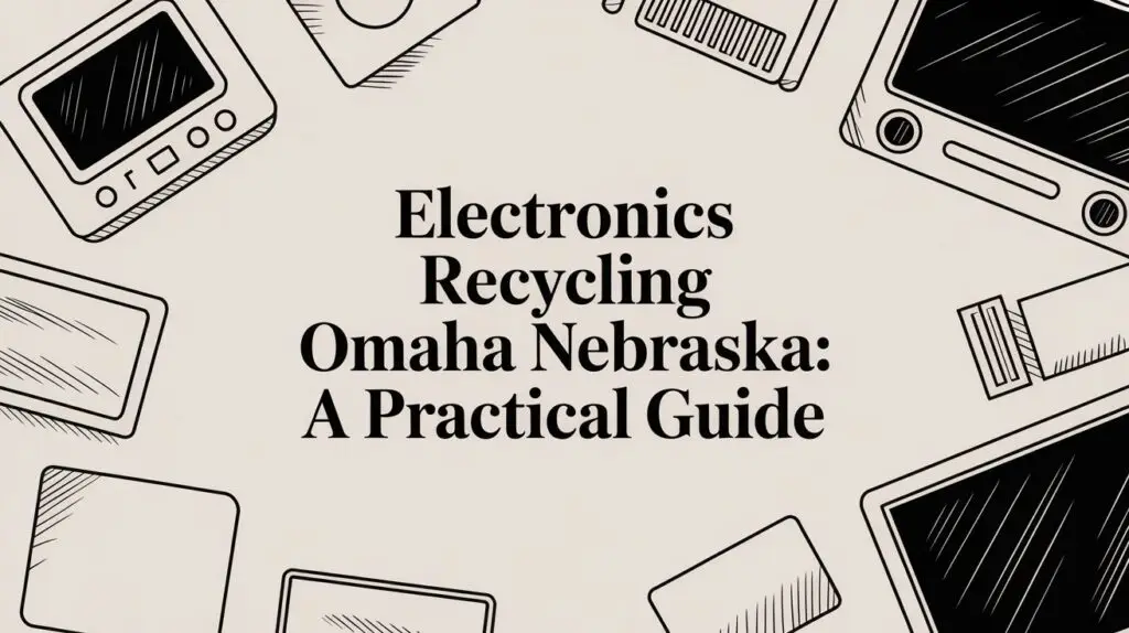 Text reads 'Electronics Recycling Omaha Nebraska: A Practical Guide' surrounded by black line drawings of various electronic devices on a light background.