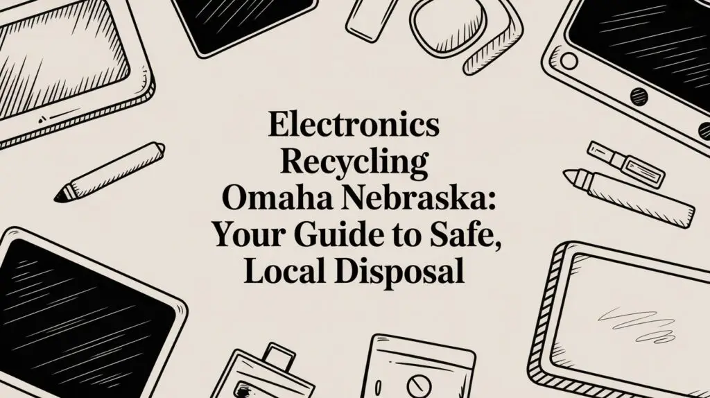 Electronics recycling guide for Omaha, Nebraska, featuring various devices like tablets, smartphones, and writing tools, emphasizing safe and local disposal practices.