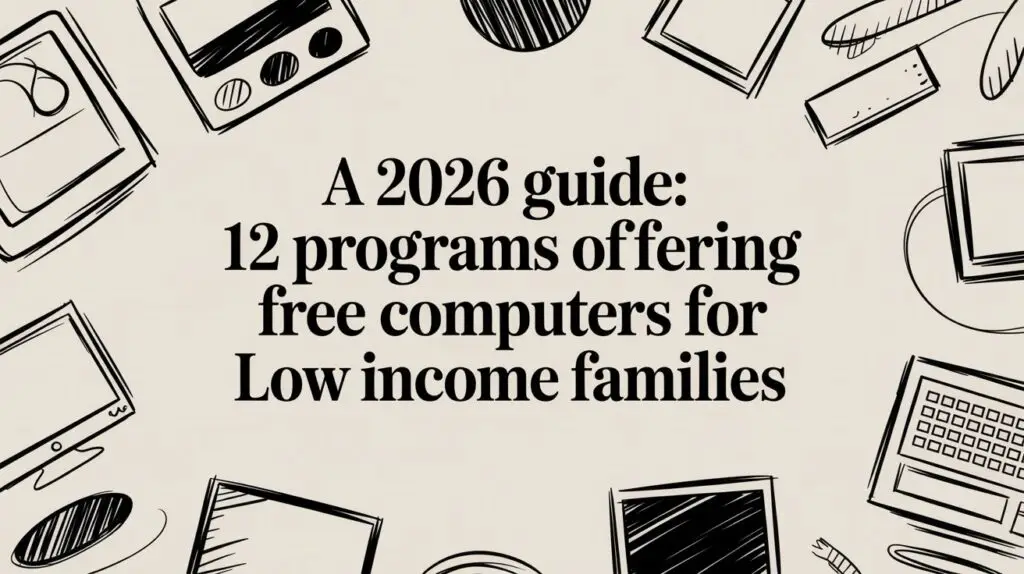 A beige background with black line drawings of various electronic devices surrounds the text: "A 2026 guide: 12 programs offering free computers for low income families.